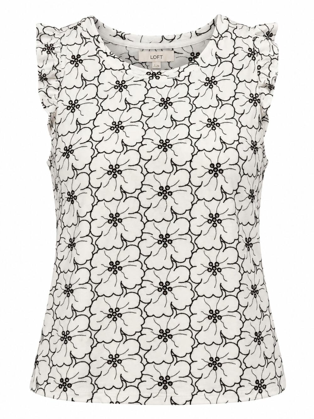 LOFT XL Floral Embroidery Eyelet Sleeveless White Black Ruffle Trim Blouse